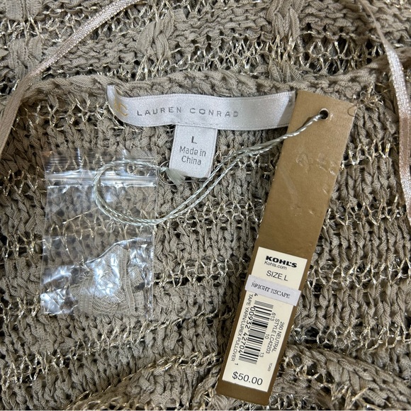 Lauren Conrad Open Knit Tape Yarn Sweater Size L Lightweight Beige Gold Lurex - Picture 5 of 7